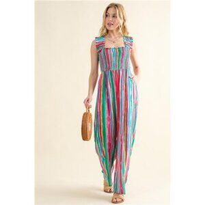 NWT And The Why Full Size Striped Smocked Sleeveless Jumpsuit‎